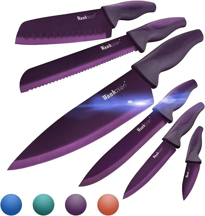 Wanbasion Purple Professional Kitchen Knife Chef Set, Kitchen Knife Set Stainless Steel, Kitchen Knife Set Dishwasher Safe with Sheathes