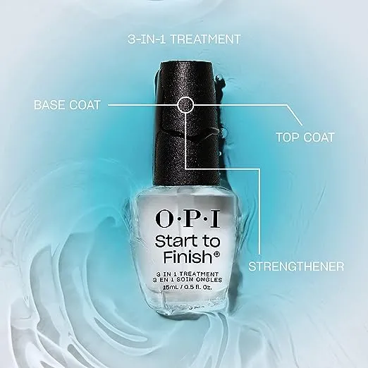 OPI Start to Finish, 3-in-1 Treatment, Base Coat, Top Coat, Nail Strengthener, Vitamin A & E, Vegan Formula, Long Lasting Shine, Up to 7 Days of Wear as Top Coat, Clear, 0.5 fl oz