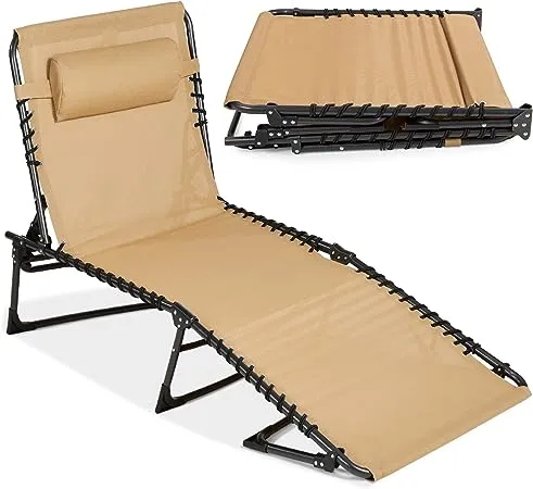 Best Choice Products Patio Chaise Lounge Chair, Outdoor Portable Adjustable Folding Pool Recliner w/ Pillow - Tan