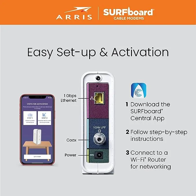 ARRIS SURFboard SB6190 DOCSIS 3.0 32 x 8 Gigabit Cable Modem , Comcast Xfinity, Cox, Spectrum , 1 Gbps Port , 800 Mbps Max Internet Speeds , Easy Set-up with SURFboard Central App , Black