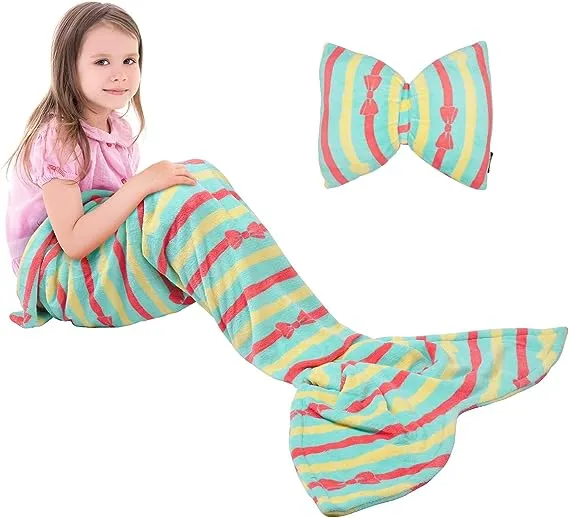 Kids Mermaid Tail Blanket, Super Soft Plush Flannel Sleeping Snuggle Blanket for