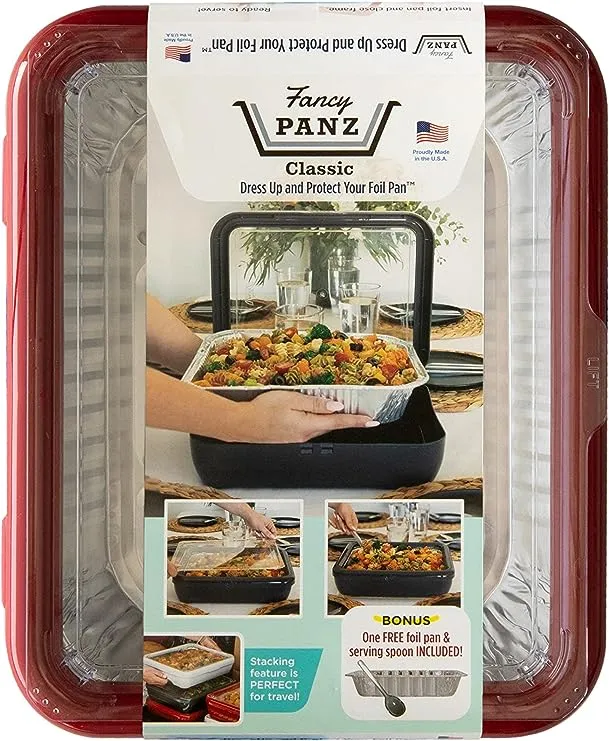 Fancy Panz Classic, Dress Up & Protect Your Foil Pan, Made in USA, Fits Half Size Foil Pans. Hot or Cold Food. Stackable for easy travel. (Red)Fancy Panz Classic, Dress Up & Protect Your Foil Pan, Made…