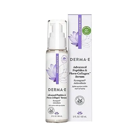 DERMA E Advanced Peptides and Vegan Flora-Collagen Serum – Double Action Collagen Face Cream with Peptide Complex – Intensely Hydrating Treatment for Lines, Wrinkles and Redness, 2 oz