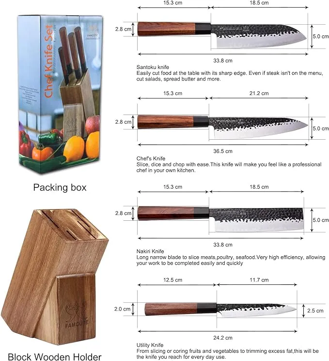 Japanese Chef Knife Set, 3 Layer 9CR18MOV Clad Steel w/Rosewood Handle and Block Wooden Holder for 4PCS Kitchen Knife Set (8” Gyuto Knife, 7” Nakiri Knife, 7” Santoku knife, 5” Utility knife)