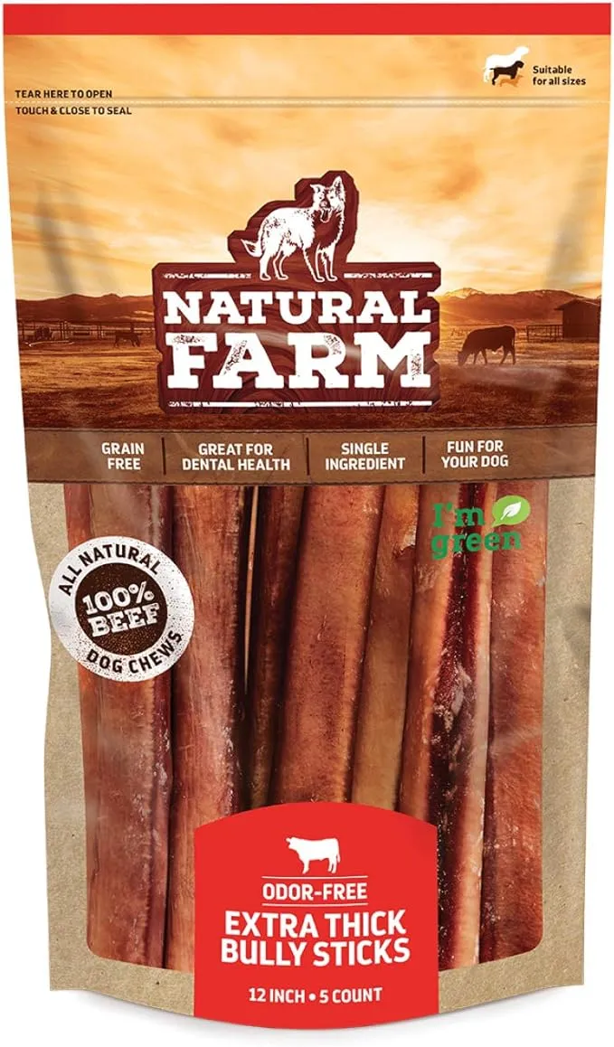 Natural Farm Odor-Free Extra Thick Bully Sticks Dog Treats, 12-in, 5 count