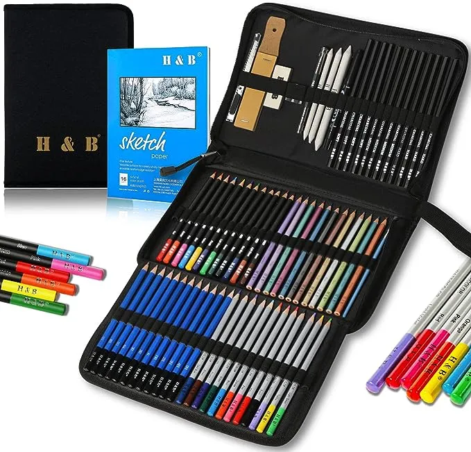 H & B 72-Piece Professional Art Pencil Supply Set, Sketchbook Sketch Kit, Watercolor, Graphite, Metal, Charcoal Pencil Artist Beginner Adult Teen Children