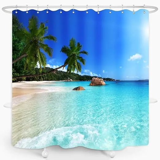 Ocean Beach Shower Curtain Blue Sky Sea Tropical Palm Trees Seaside Landscape Bath Curtain Waterproof Fabric Bathroom Décor 36x72 Inch Plastic Hooks 8PCS Ocean Green