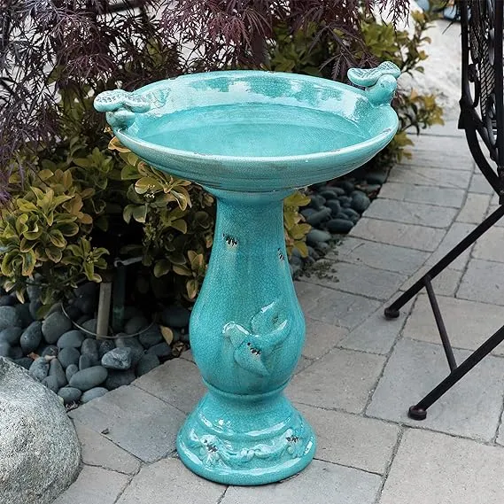 Alpine Corporation Ceramic Birdbath with Birds - Antique Turquoise