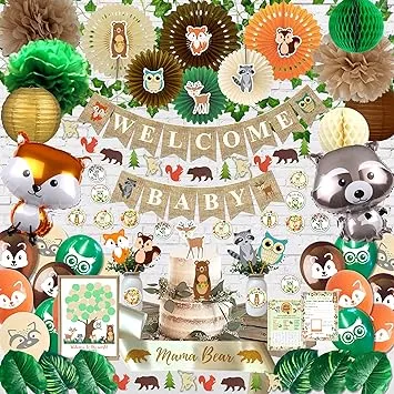 429 Pieces Woodland Baby Shower Decorations for Boy or Girl Kit, Gender Neutral Forest Baby Shower Decor Set With Banner, Greenery Garland Vines, Cutouts, Confetti, Games, Guestbook, Sash