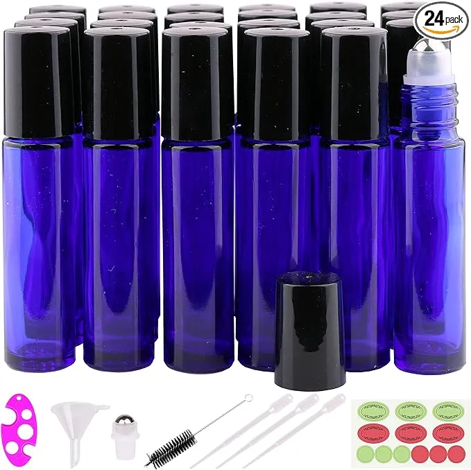 Inice Roller Bottles for Oils, 24 Count Roll on Ball Bottles for Essential Oils Cobalt Blue Glass 10ml with Big Stainless Steel Roller Balls