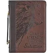 Christian Art Gifts Men's Classic Bible Cover The Lord is My Strength Lion Exodus 15:2, Brown Faux Leather, XL