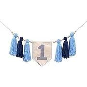 Blue 1st Birthday high chair banner - Boho 1st birthday decor for boys, Tassel and canvas bunting, Boy Cake smash Garland