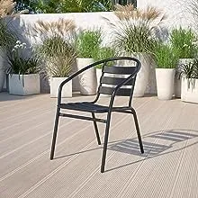 EMMA + OLIVER Black Metal Stack Chair with Aluminum Slats