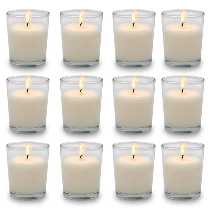 Set of 12 White Votive Candles Clear Glass Filled Unscented Soy Wax Candle for Home Décor Spa Weddings Birthday Holidays Party and DIY