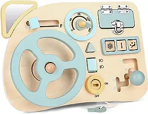 Montessori Busy Board Toy for Toddlers, Car Wooden Sensory Board Educational Toys with 10 Fine Activity Motor Skills, Driving Scene Travel Toys for