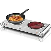 Hot Plate, Techwood Electric Stove Countertop Double Burners for Cooking Infrared Ceramic 1800W Dual Cooktops With Adjustable Temperature Control Brushed Stainless Steel Easy To Clean Upgraded Version