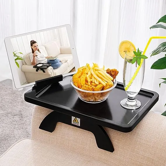 Sofa Armrest Tray,Clip On Couch Arm Table, Foldable Sofa Arm Tray with 360° Rotating Phone Holder and Stable Sofa Table for Eating and Drink, Black