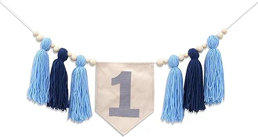 Blue 1st Birthday high chair banner - Boho 1st birthday decor for boys, Tassel and canvas bunting, Boy Cake smash Garland