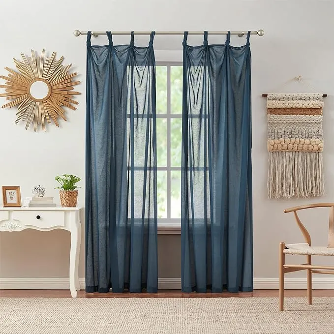 Indigo Ink - Curtain, Sheer Curtain Panel, Window Treatment with Tie Top, Dorm Room Essentials, Knotted Loops Design, Boho Inspired Home Decor (Mia Blue, 70" x 95")