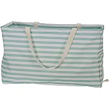 Household Essentials Canvas Utility Tote with Handles, Rectangular Krush Tote, Water-Resistant Vinyl Lining, Large Capacity, Durable and Versatile, Teal Striped Pattern