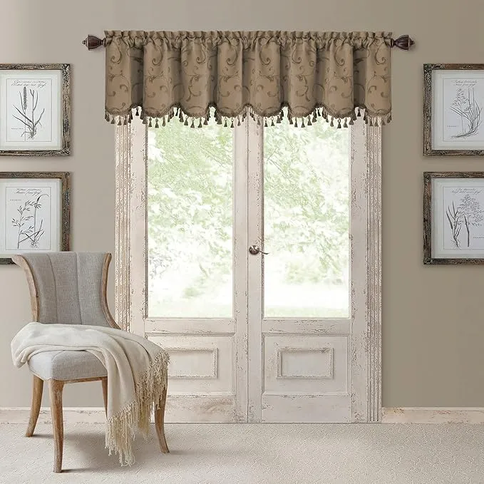 Elrene Home Fashions Mia Jacquard Scroll Blackout Single Window Valance, 19.00" x 52.00", Taupe