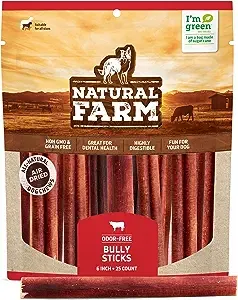 Natural Farm Bully Sticks, 6 inch, 25 Pack, Fully Digestible, Odor-Free, Long-Lasting, 100% Grass-Fed Beef