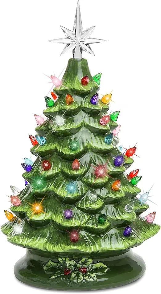 Best Choice Products 15in Ceramic Christmas Tree, Pre-lit Hand-Painted Tabletop Holiday Decoration w/Power Cord, Star Topper, 64 Multicolored Lights