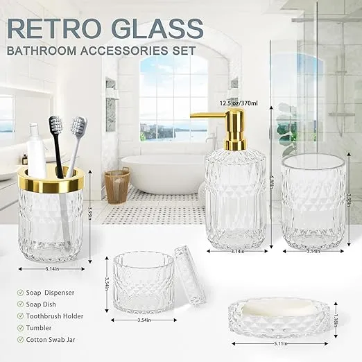 Premium Green Glass Bathroom Accessories Set (5PCS) - Tumbler, Cotton Swab Jars, Soap Dish, Soap Dispenser and Toothbrush Holder Set, Retro&Christmas Bathroom Decor, Gift for Wedding&Housewarming