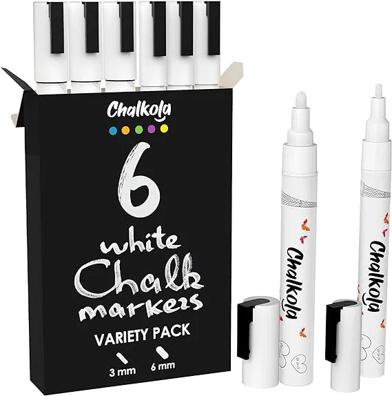 Chalkola 6 White Liquid Chalk Markers - White Dry Erase Liquid Chalk Pens for Chalkboard Signs, Blackboard, Car Window, Glass, Bistro | Variety pack - (3x) 3mm Fine Tip + (3x) 6mm Bold Size Ink Marker