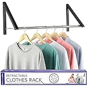 Double Foldable Clothing Rack w/ Extension Rod, Wall-Mounted Retractable Clothes Hanger for Laundry Dryer Room, Hanging Drying Rod, Small Collapsible Folding Garment Racks, Dorm Accessories (Black)