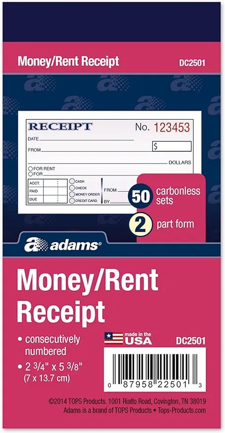 Adams Money and Rent Receipt, 2-3/4 x 5-3/8 Inches, 2-Parts, Carbonless, White/Canary, 50 Sets per Book, 3 Books (DC2501-3)