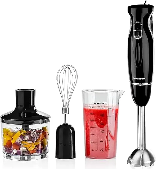 OVENTE Immersion Electric Hand Blender 300 Watt Power 2 Mix Speed with Stainless Steel Blades, Handheld Stick Mixer Set with Egg Whisk Attachment Mixing Beaker and BPA-Free Food Chopper, Red HS565R