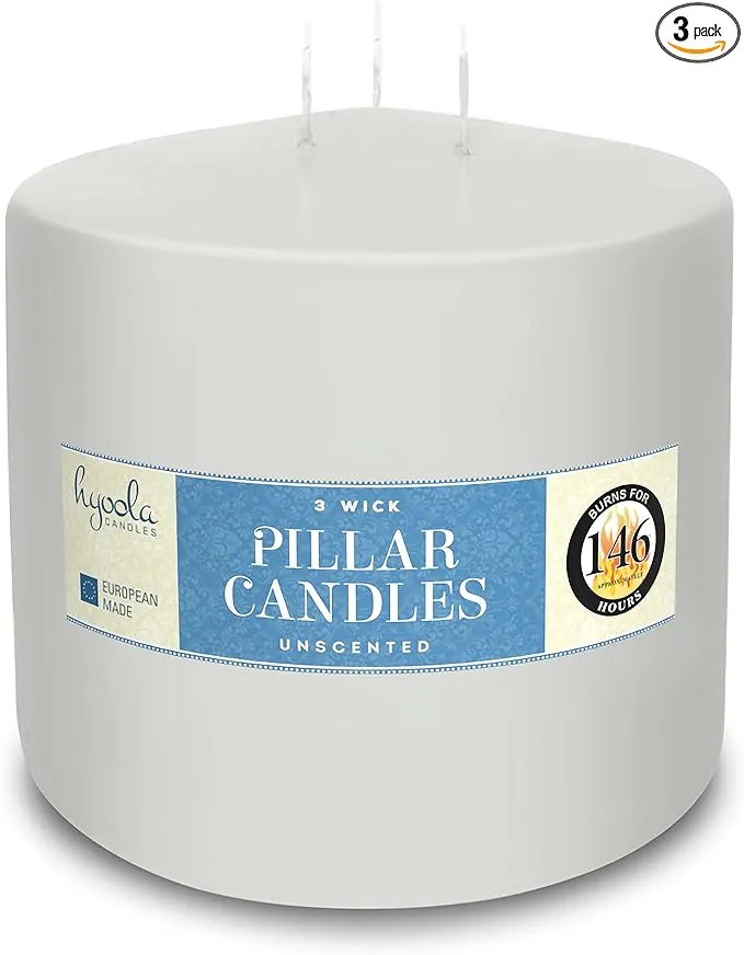 Hyoola White Three Wick Large Candle - 6 x 6 Inch - Unscented Big Pillar Candles - 146 Hour - European Made