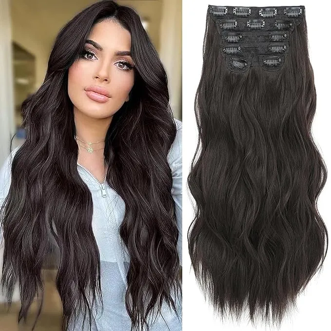 Flvaco Clip in Synthetic Hair Extensions 20Inch 6PCS Clip Ins Long Wavy Fiber Thick Hairpieces Natural Hair Extension full Head for Women (230G,Dark Brown)Flvaco Clip in Synthetic Hair Extensions 20Inch 6PCS Clip Ins Long Wavy Fiber Thick Hairpieces Natu