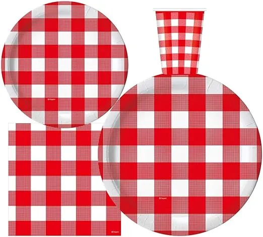 Oojami Red Gingham Party Pack for 30 - Includes Checkered Dinner & Dessert Plates, Cups, Napkins - Ideal for Picnics, BBQs, Barnyard Parties Red and White Checkered