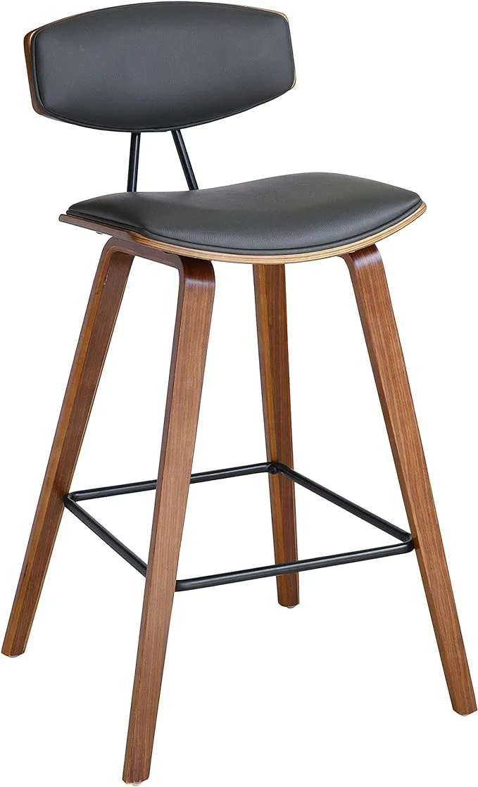 Armen Living Fox 25.5" Counter Height Grey Faux Leather and Walnut Wood Mid-Century Modern Bar Stool