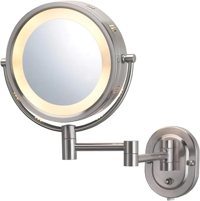 JERDON Two-Sided Wall-Mounted Makeup Mirror with Halo Lighting - Lighted Makeup Mirror with 5X Magnification & Wall-Mount Arm - Plug in Round Mirror with Nickel Finish Wall Mount - Model HL65N