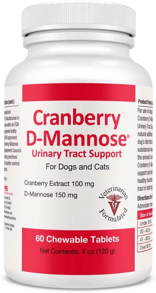 Cranberry D-Mannose for Dogs and Cats Urinary Tract Infection Support Prevents and Eliminates UTI, Bladder Infection Kidney Support, Antioxidant (Double Strength Tablet, 60 Count)