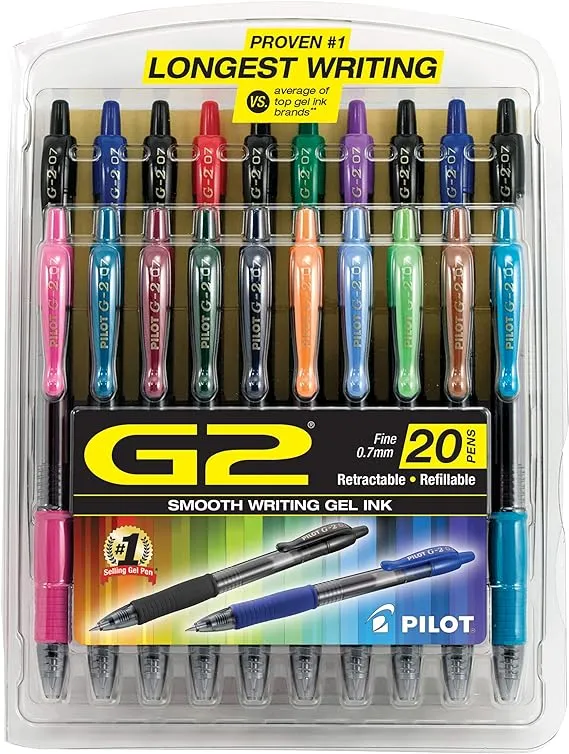 Pilot, G2 Premium Gel Roller Pens, Fine Point 0.7 mm, Assorted Colors, Pack of 20