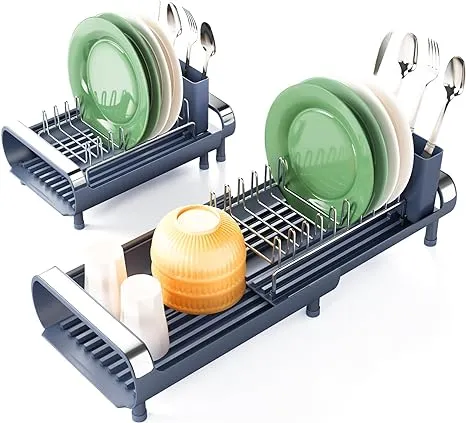 Dish Drying Rack, Kitchen Counter Small Drainers Rack Expandable(11" to 19.3"), in Sink Auto-Drain Compact Stainless Steel Strainers with Utensil Caddy, Grey