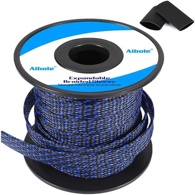 PET Expandable Braided Sleeving 100Ft-1/4 inch Wire Loom, Aibole Braided Cable Sleeve Wire Wrap,Black&Blue