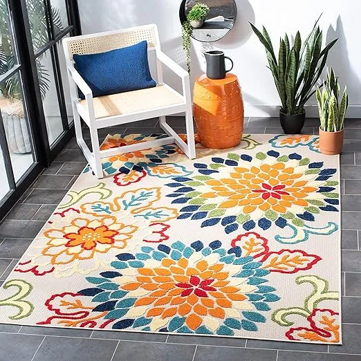 Safavieh Outdoor CBN391A Cabana Collection Ivory / Orange Rug - 5' 3" x 7' 7"