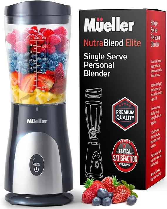 MÜELLERHOME Mueller Personal Blender for Shakes and Smoothies with 15 oz Travel Cup and Lid, Juices, Baby Food, Heavy-Duty Portable Blender & Food