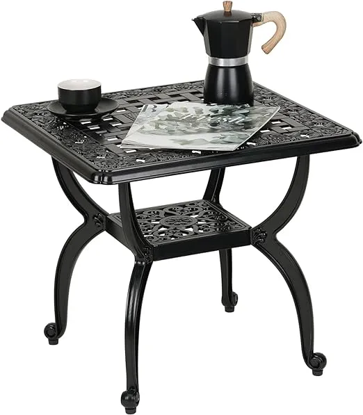 JARDIN DE CENTENNIAL Cast Aluminum Outdoor Side Table,Anti-Rust Outdoor End Table,Patio Coffee Bistro Table for Indoor,Garden,Porch,Balcony(Square Black)