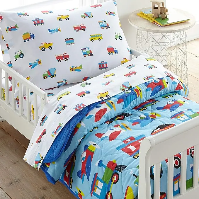 Wildkin Kids 100% Cotton Twin Comforter for Boys & Girls, Includes Lightweight Comforter and One Pillow Sham, Comforter for Kids Fits Standard Twin Mattress (Trains Planes & Trucks)