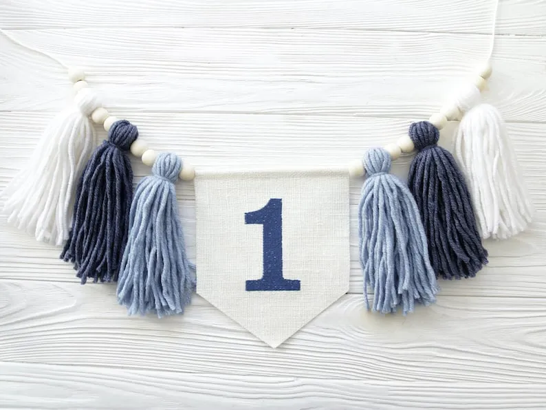 Blue 1st Birthday high chair banner, Boy Cake smash Garland, Tassel bunting, Boho 1st birthday decor