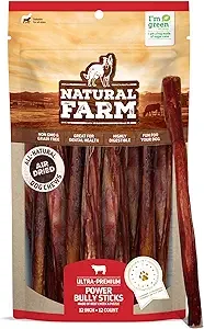 Natural Farm Power Bully Sticks Dog Chews (12”, 12-Pack), 2-in-1 Power Chews: Premium Beef Cheek Wrapped in Beef Pizzle, Double Chewing Time, Great