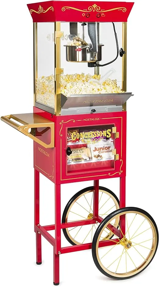 Nostalgia Vintage 8 Ounce Professional Popcorn Cart Makes Up to 32 Cups, Three Storage Candy & Kernel Dispenser Also for Nuts, Chocolate, Measuring Spoons and Scoop Included, Red