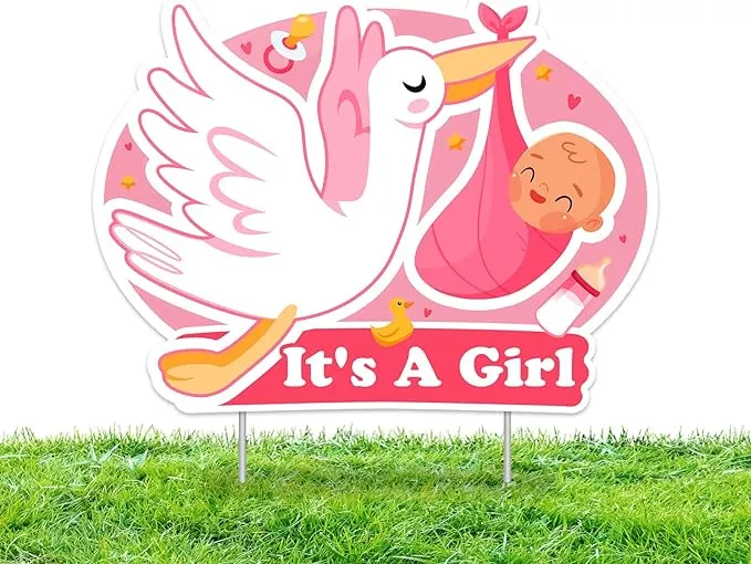 Greatingreat IT’S a Girl Pink Yard Signs with Stakes - It’S a Girl Stork Baby