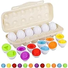 Color Shape Matching Eggs for Toddlers, Preschool Learning Educational Sorting Easter Eggs Toys Gift Recognition Skills for Kids Boys Girls with Pink Eggs Holder, 12 Eggs